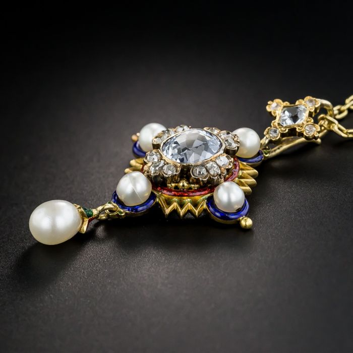 French Renaissance Revival Diamond and Enamel Necklace/Brooch