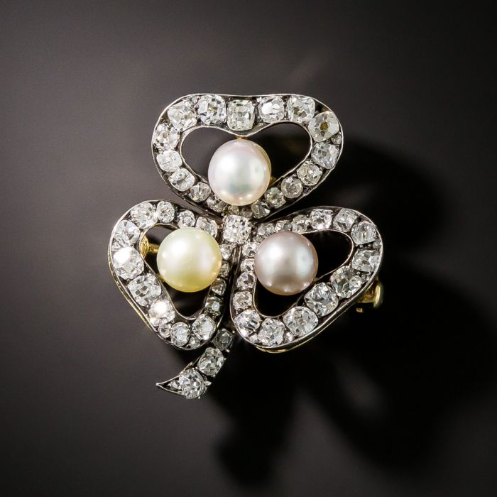 Russian Faberge Three-Leaf Clover Diamond and Natural Pearl Brooch