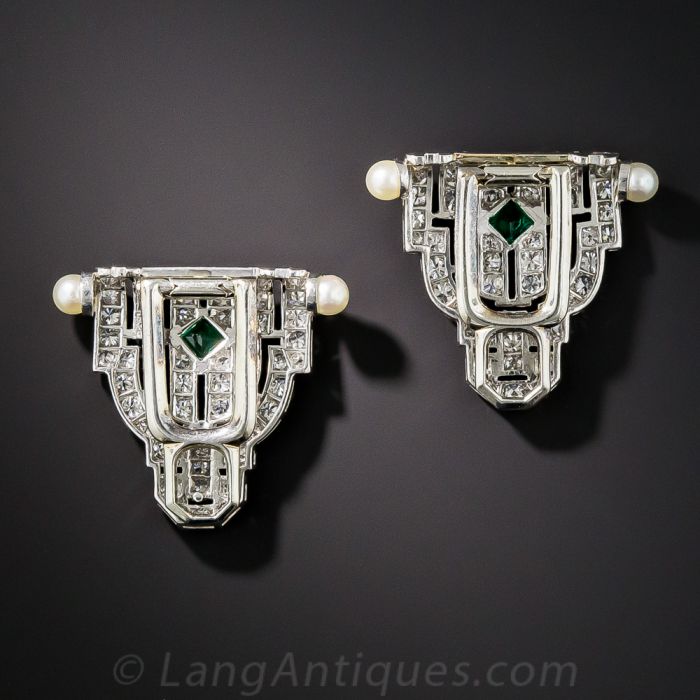 Small Art Deco Diamond and Emerald Dress Clips