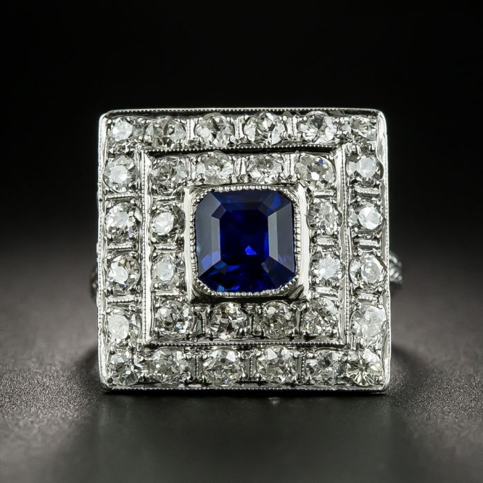 art deco square sapphire and diamond ring