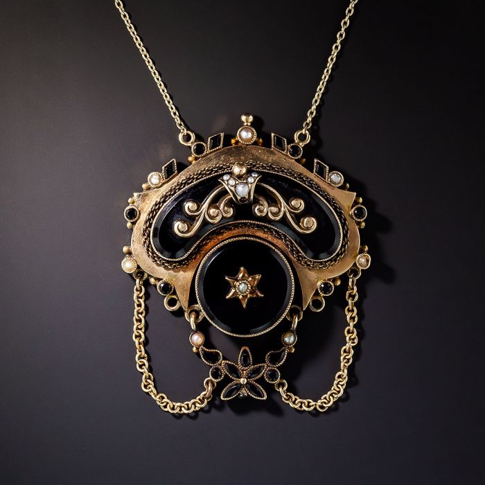 Large Black Onyx Victorian Locket Pendant Necklace