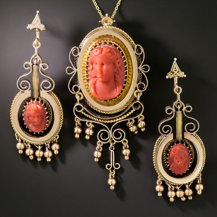 Victorian Coral Cameo Pendant Brooch and Earrings