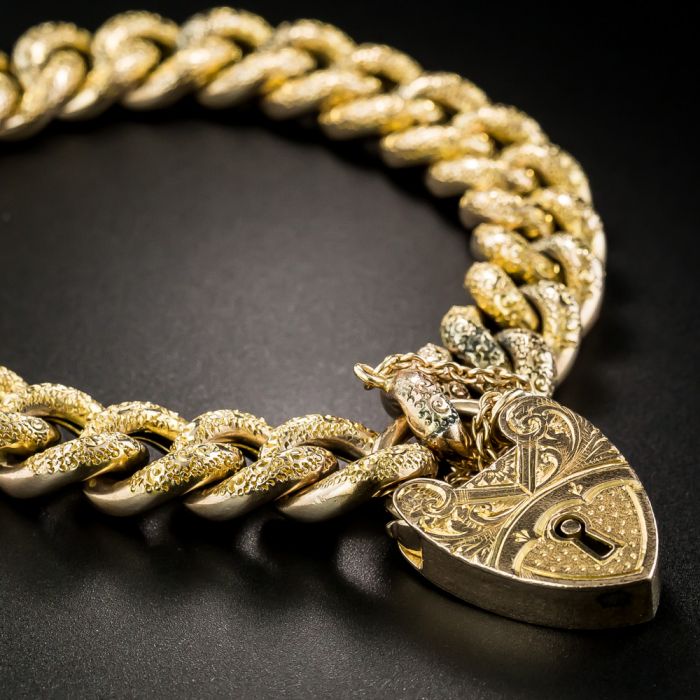 Rare Victorian Engraved Heart Locket Bracelet - A.A. Greene Gold