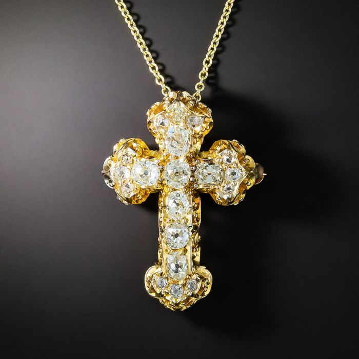 Gold-Plated Cross Pendant Necklace with Green & White Rhinestones 18-Inch Chain Vintage Designer Signed 1995