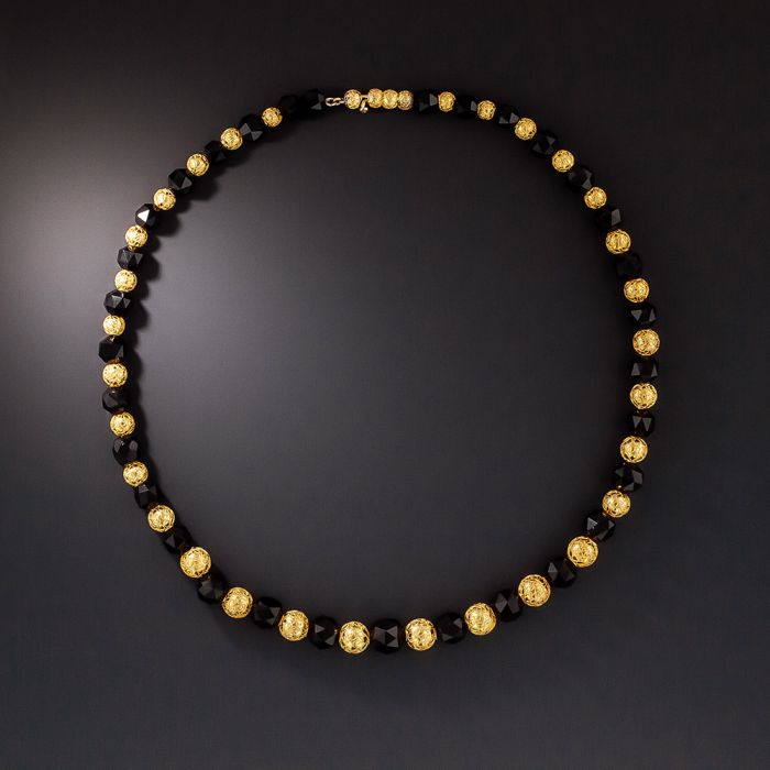 Victorian Etruscan Revival Onyx and Gold Bead Necklace