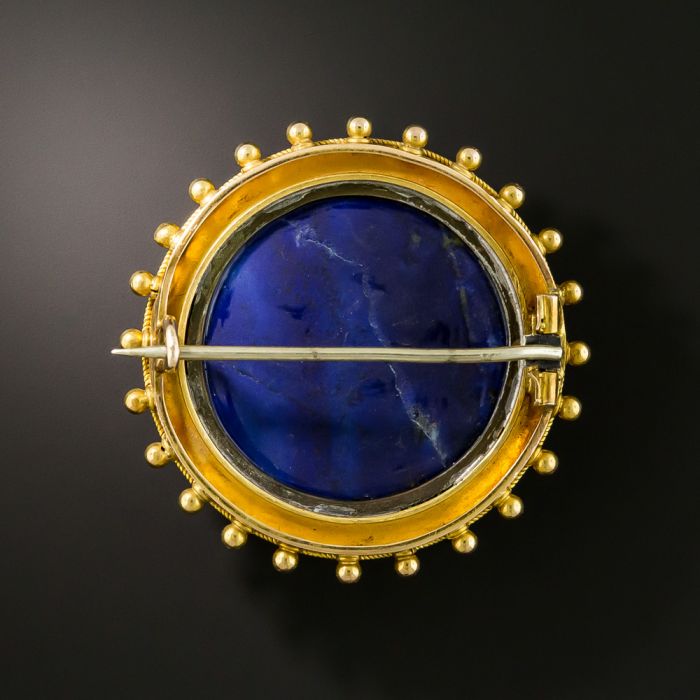 Victorian Etruscan Revival Round Lapis Brooch