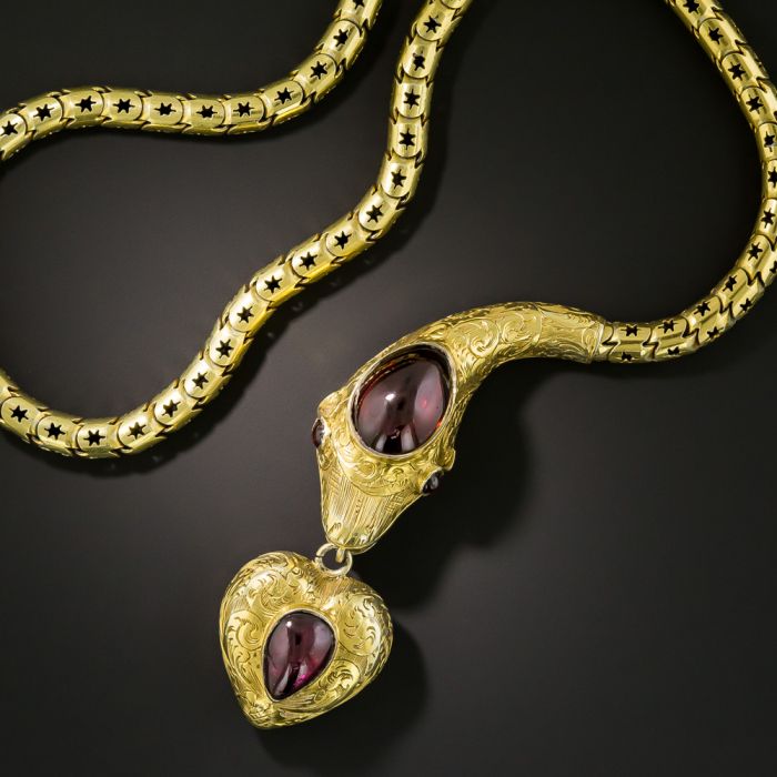 Victorian Garnet Snake Necklace with Heart