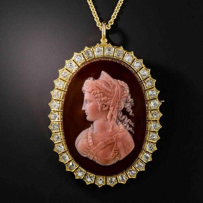 14k gold c.1920's filigree carved shell cameo brooch Good Luck diamond –  Rambling Rose