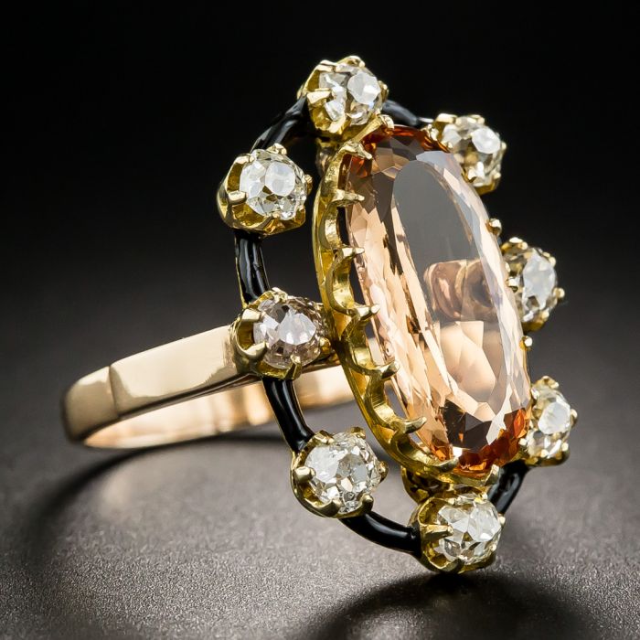Victorian Imperial Topaz Diamond Ring with Black Enamel