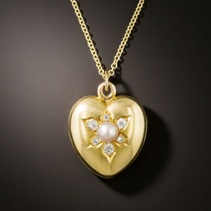Victorian Natural Pearl and Diamond Heart Locket Pendant