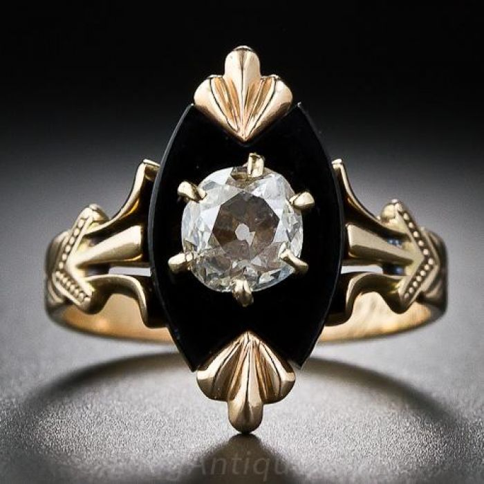 Vintage black onyx engagement ring rose gold Moon pear shaped antique –  PENFINE