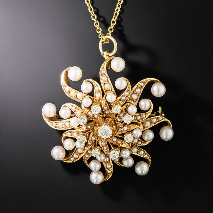 Victorian Retrospective Pearl and Diamond Swirl Pendant Brooch