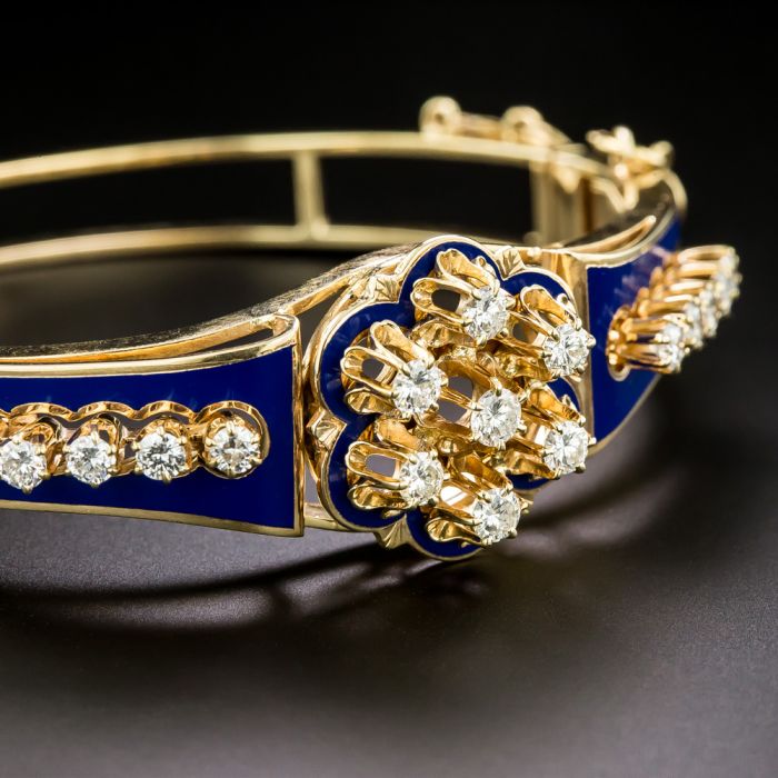 Victorian Revival Bangle and Bracelet Cobalt Enamel Diamond