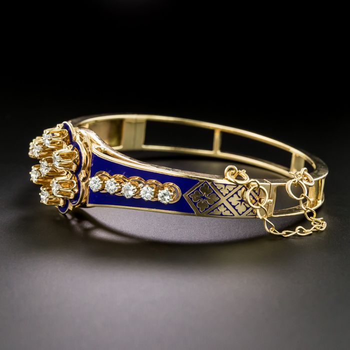 Victorian Revival Cobalt Bangle Enamel Bracelet Diamond and
