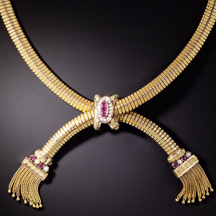 Victorian Ruby and Seed Pearl Double Tassel Necklace French