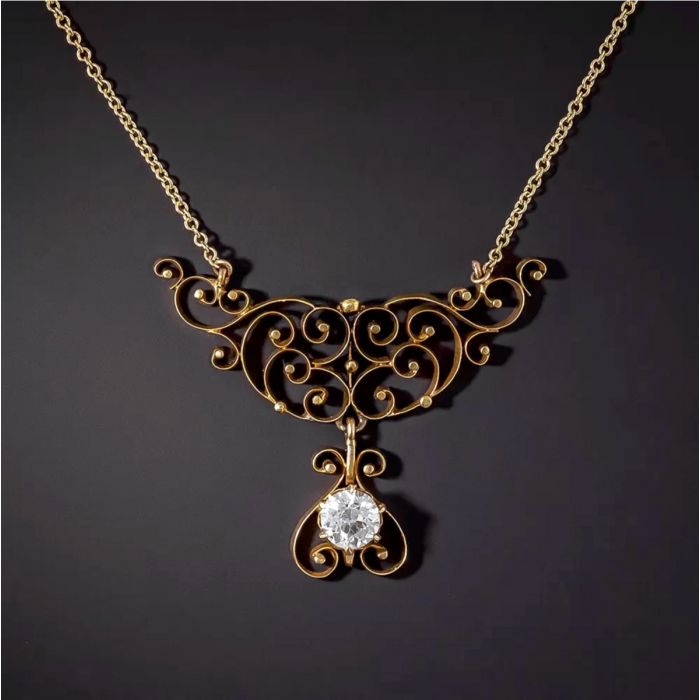 Victorian Scroll Necklace with .68 Carat Diamond Dangle