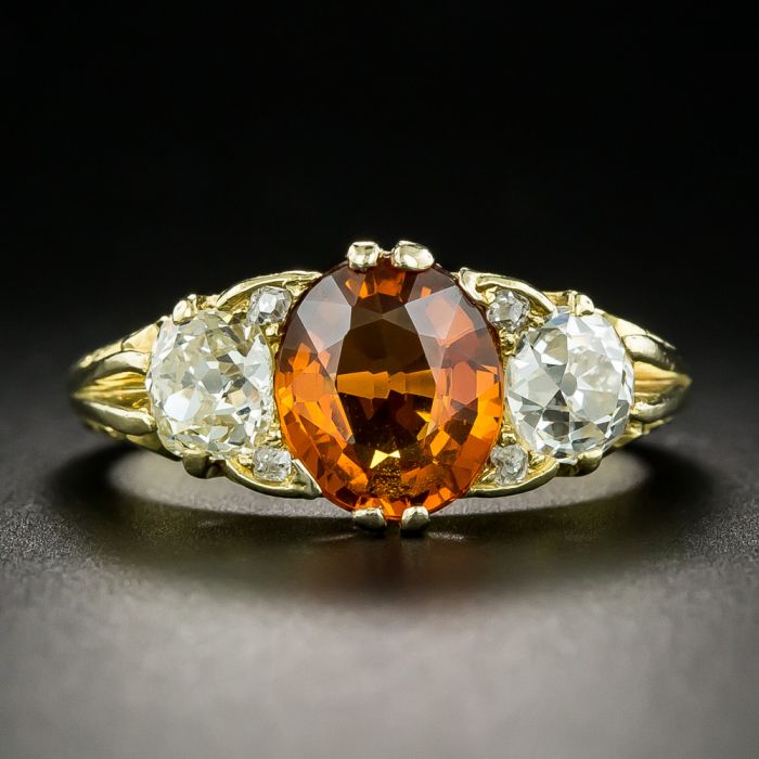 Victorian Style Spessartite Garnet and Diamond Three Stone Ring