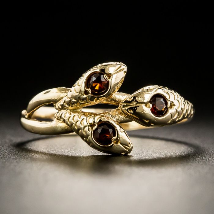 Victorian Triple Head Garnet Snake Ring