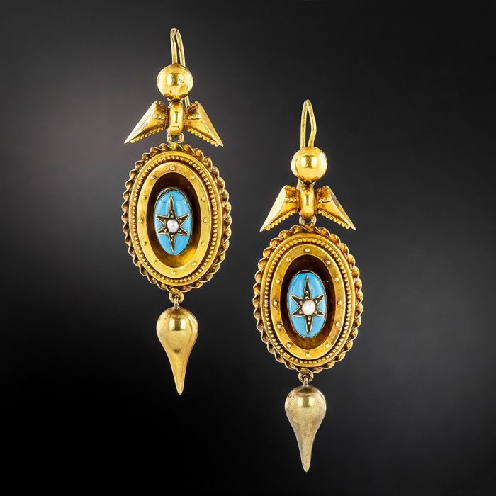 Victorian Turquoise Enamel and Seed Pearl Earrings
