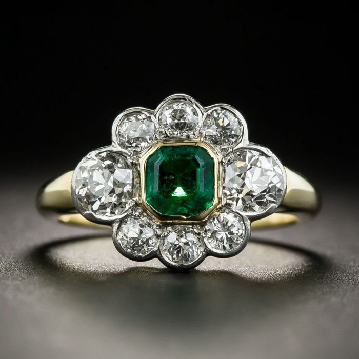18ct Yellow Gold Vintage Emerald and Diamond Toi et Moi Ring