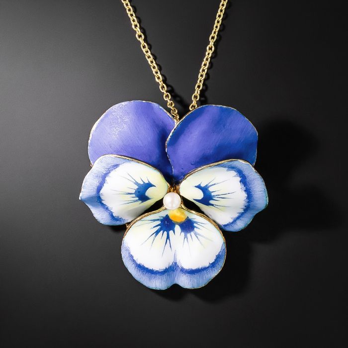 Vintage Blue and White Pansy Brooch Pendant by A. J. Hedges