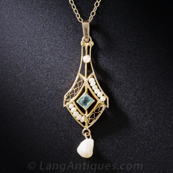 Vintage Blue Stone and Pearl Pendant