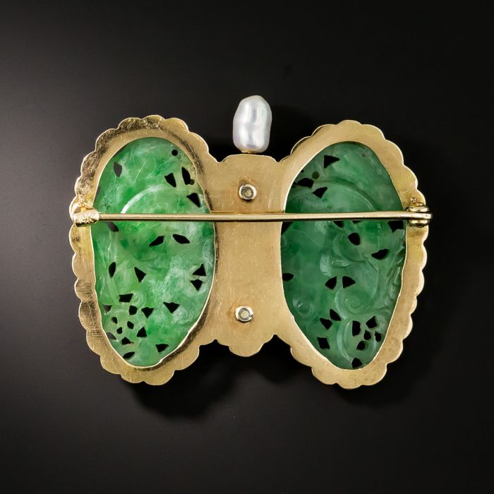 Vintage Carved Jade Wing Butterfly Brooch GIA