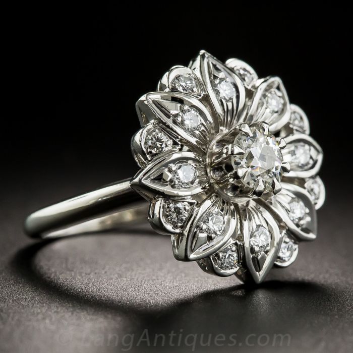 Vintage Flower Halo Cushion diamond Engagement Ring In 14K White Gold |  Fascinating Diamonds