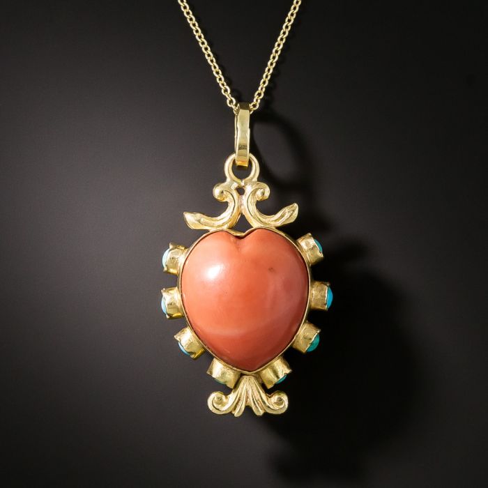 Vintage Double-Sided Heart Shape Coral and Turquoise Pendant