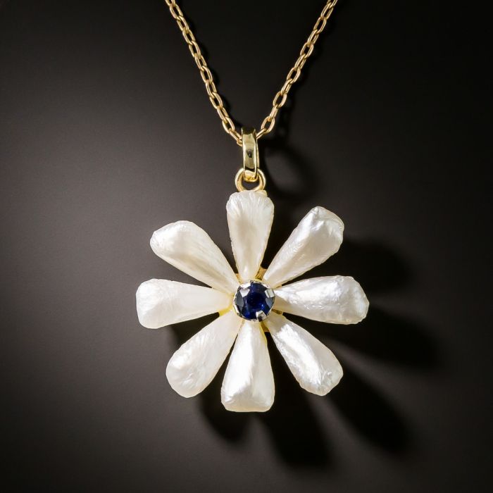 Vintage Freshwater Pearl and Sapphire Flower Pendant Necklace