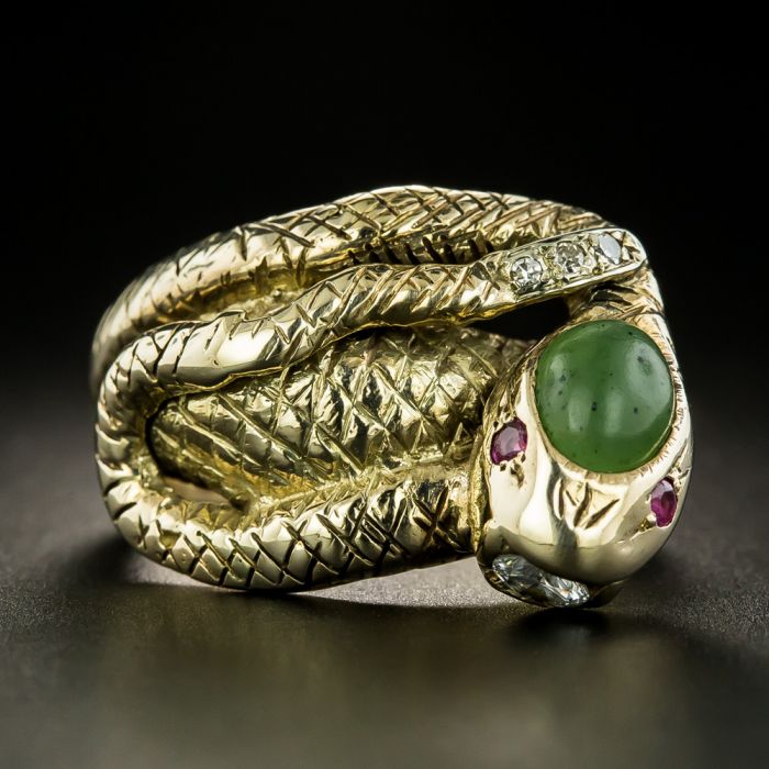 Vintage Green Garnet and Diamond Snake Ring
