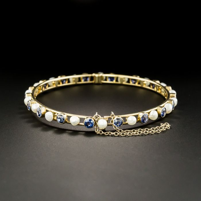 Vintage Montana Sapphire and Natural Freshwater Pearl Bangle Bracelet