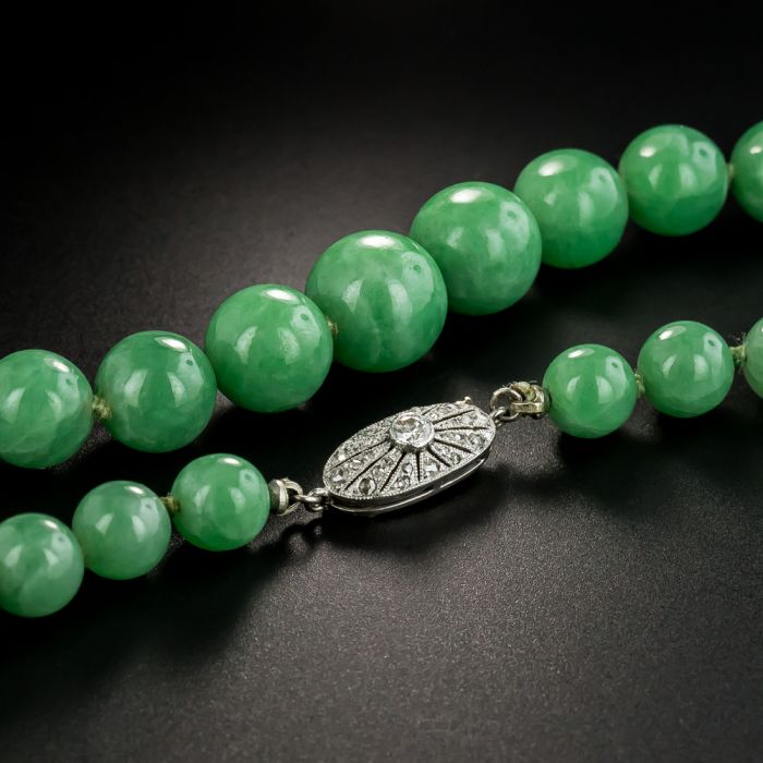 Vintage Natural Burmese Jade Bead Strand With Diamond Clasp