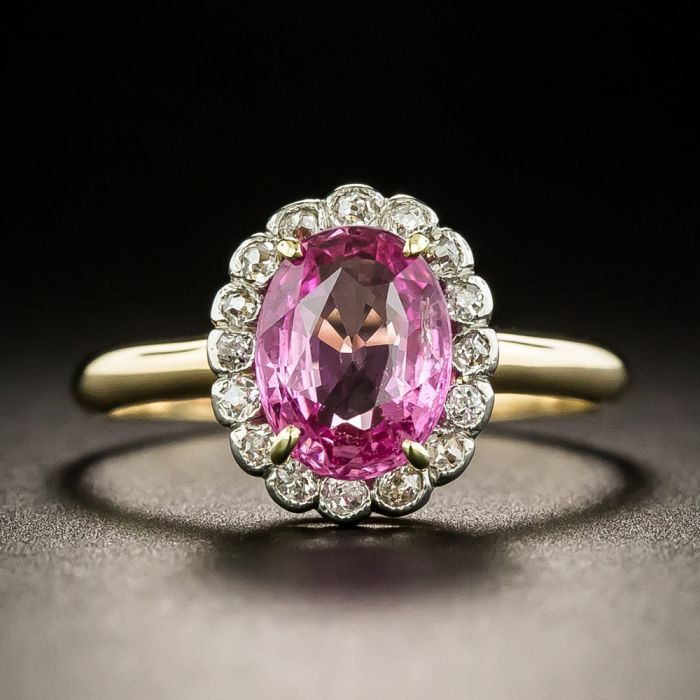 Certified 3.96 Carat Oval Cut Pink Sapphire and Diamond Halo Ring in - Ruby  Lane