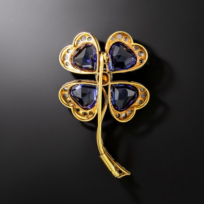 Vintage Synthetic Sapphire and Diamond Shamrock Brooch