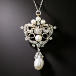 Edwardian Natural Pearl and Diamond Pendant/Brooch - GIA