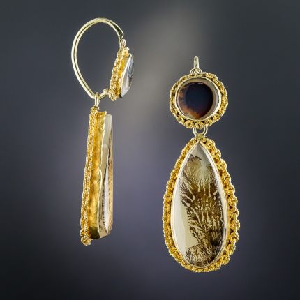 18K Victorian Day and Night Dedritic Agate Drop Earrings