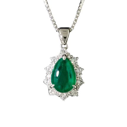 Estate Pear-Shaped Cabochon Emerald and Diamond Halo Necklace