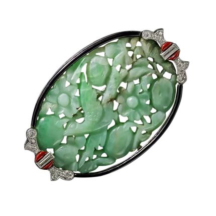 Art Deco Carved Jade, Diamond and Enamel Brooch