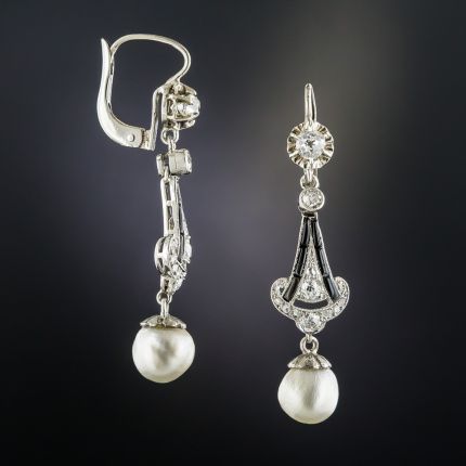 Art Deco Natural Pearl Platinum Diamond Onyx Earrings