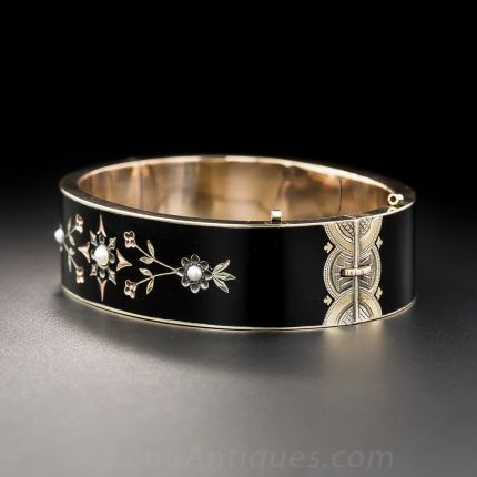 English Victorian Black Enamel Bangle Bracelet