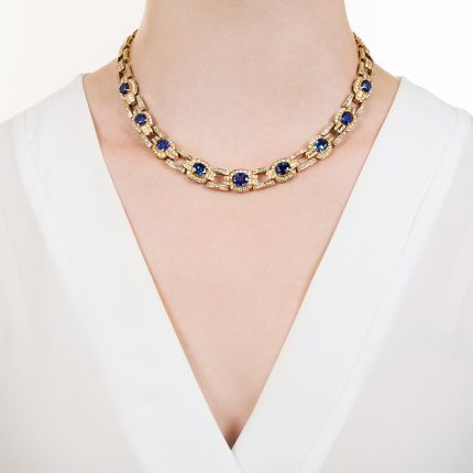 Estate Ceylon Sapphire and Diamond Link Necklace