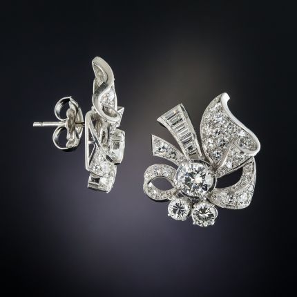 Mid-Century Platinum Diamond Bow Earrings.
