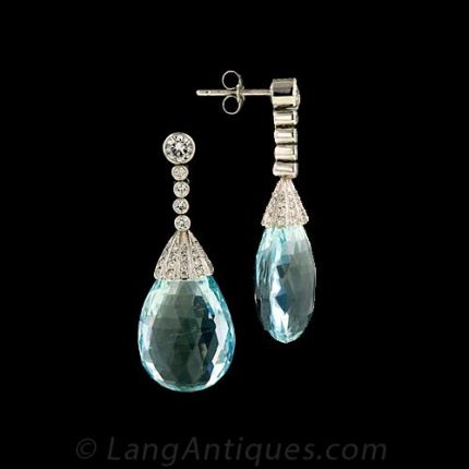 Platinum Briolette Aquamarine and Diamond Dangle Earrings