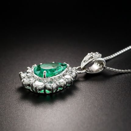 Platinum Emerald And Diamond Pendant Necklace