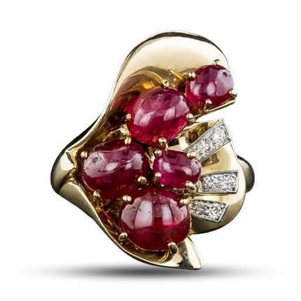 Retro Cabochon Ruby and Diamond Dinner Ring