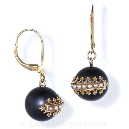 Victorian Black Enamel and Seed Pearl Pin and Earrings