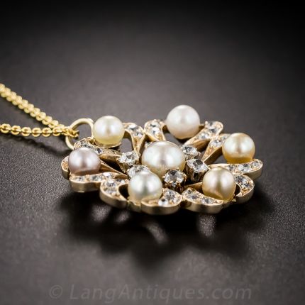 Victorian Natural Pearl and Diamond Snowflake Pendant/Pin