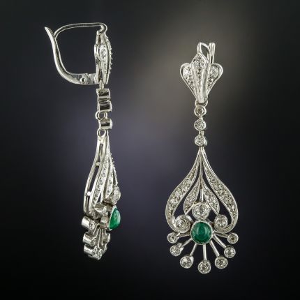Vintage Diamond Emerald Platinum Drop Earrings