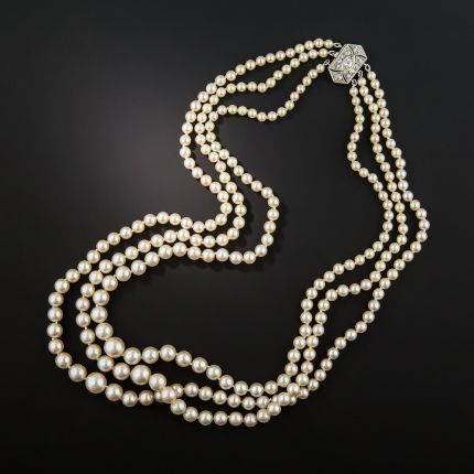 Vintage Triple-Strand Cultured Pearl and Diamond Necklace